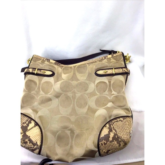 Coach Colette Signature Beige Sateen Python Leather Hobo Bag Size 13X13 - Picture 7 of 12